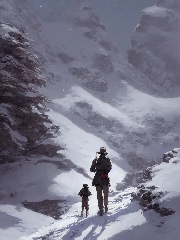 Prompt: an ultradetailed beautiful portrait painting of an explorer marching in the snowy mountains, side view, oil painting, high resolution, by ilya kuvshinov, greg rutkowski and makoto shinkai