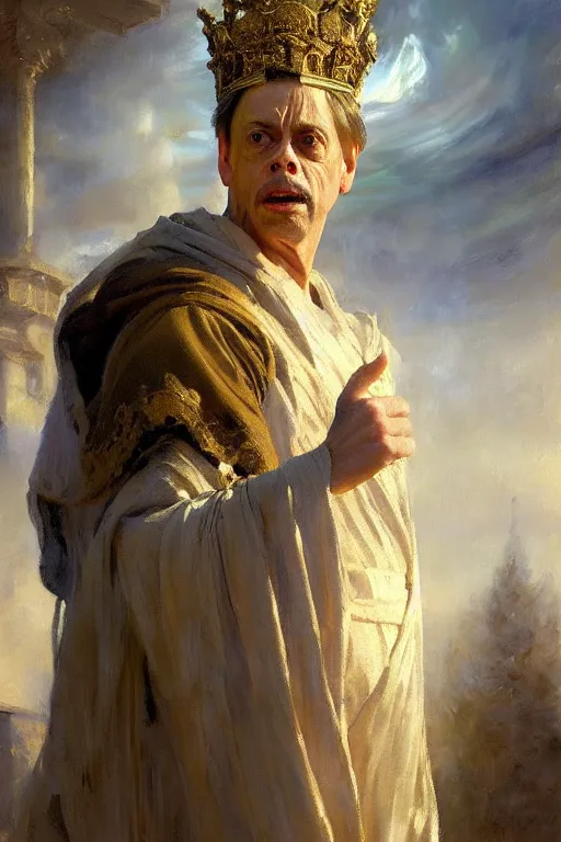 Image similar to beautiful impressionistic oil painting portrait of ancient roman god emperor steve buscemi ascending wearing the civic crown levitating in religious pose, art by anders zorn, wonderful masterpiece by greg rutkowski, expressive brush strokes, beautiful cinematic light, american romanticism by greg manchess, jessica rossier