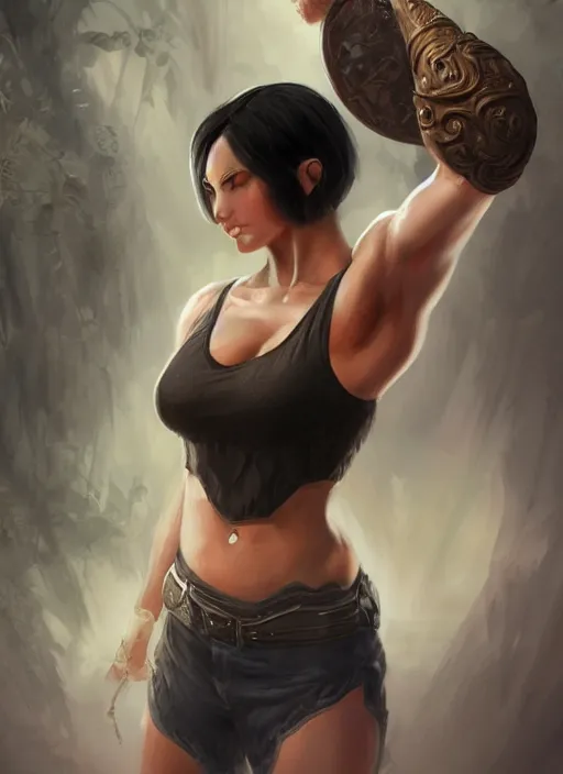 Prompt: a black haired woman in a tank top, muscular upper body, abs, d & d, fantasy, intricate, elegant, highly detailed, digital painting, artstation, concept art, smooth, sharp focus, illustration, art by dayer diego