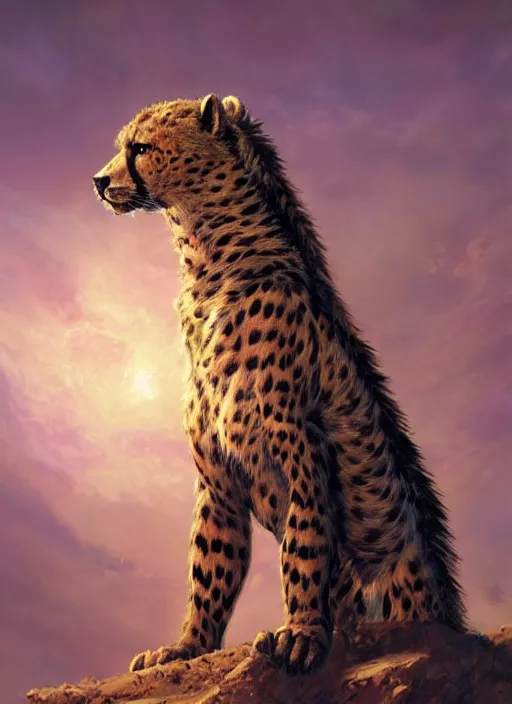 Image similar to side portrait, warrior furry cheetah with wing, realism, gloomhaven, soft, smooth, luminescent, art nouveau tarot, backlit glow, colorful swirly ripples, gaudy colors, aesthetic octane render, unreal engine, 8 k, by greg rutkowski, jesper ejsing, rhads, ilya kuvshinov, cushart krenz