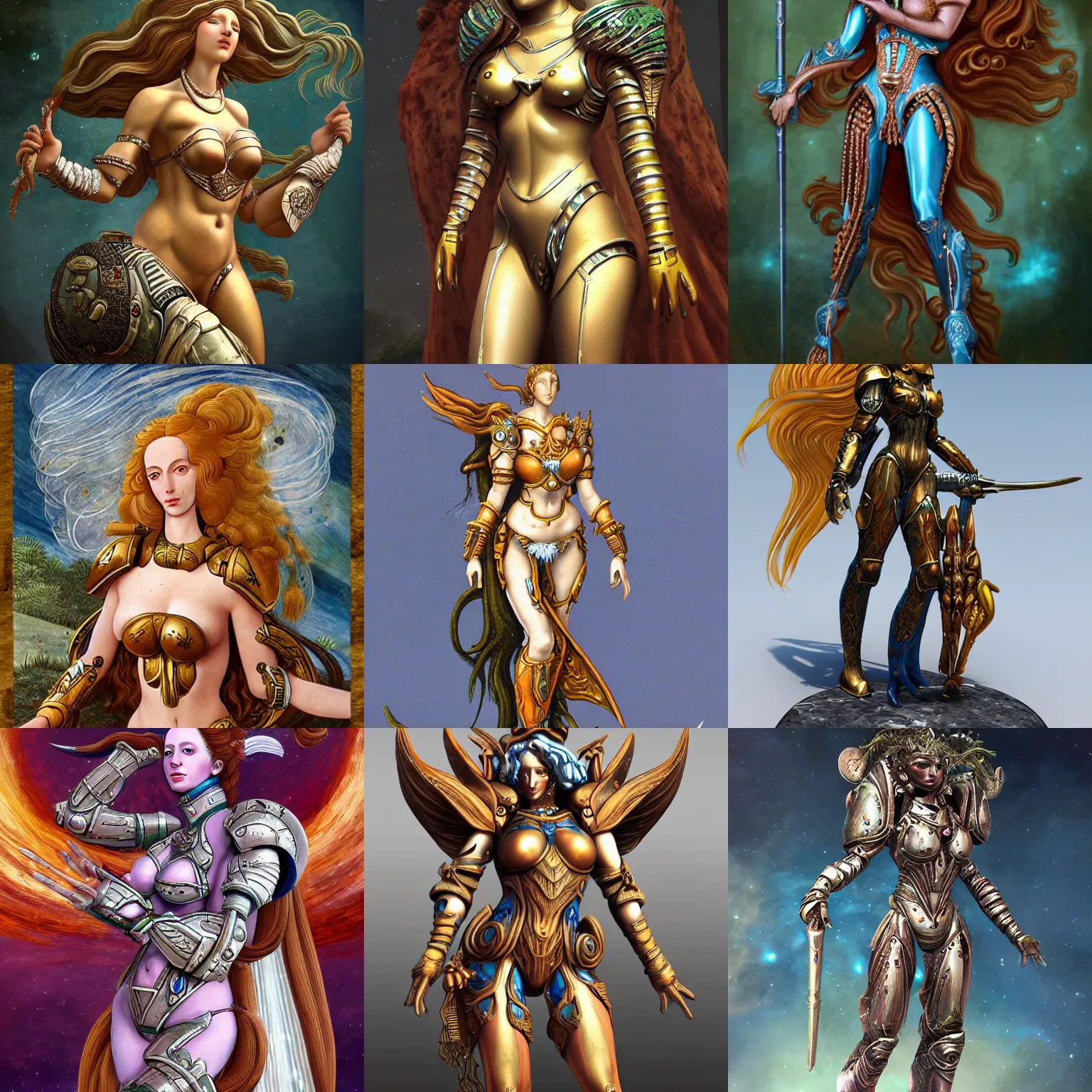 Image similar to venus goddess in ancient alien planet sci-fi armor, in the style of sandro botticelli, stylized, highly detailed, trending on artstation, award winning, painted warhammer miniature