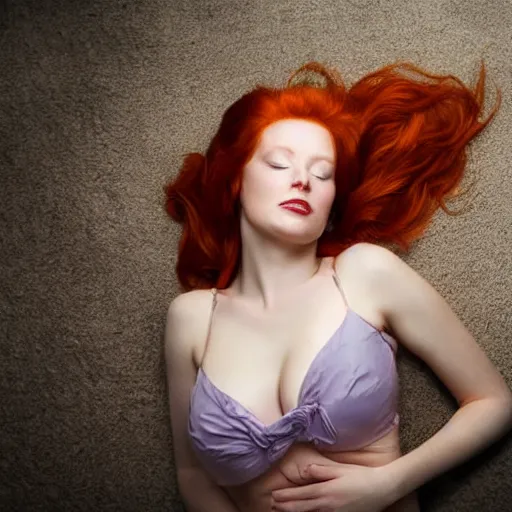 Image similar to redhead queen dreaming of her man, photograph,