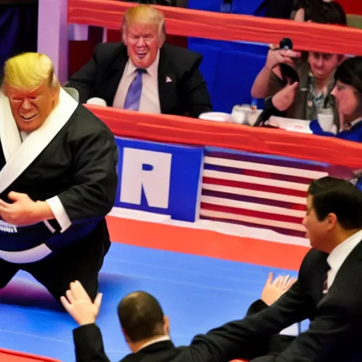 Prompt: Joe Biden sumo wrestling with Donald Trump