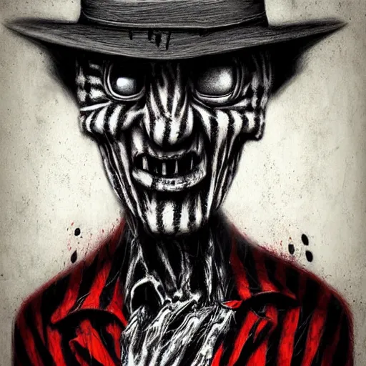 Prompt: surrealism grunge cartoon portrait sketch of Freddy Krueger, by michael karcz, loony toons style, freddy krueger style, horror theme, detailed, elegant, intricate