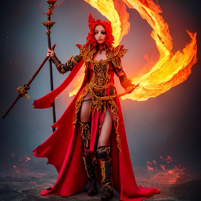 Prompt: photograph of a real-life beautiful elemental fire witch with ornate red robes and staff. Extremely detailed. 8k
