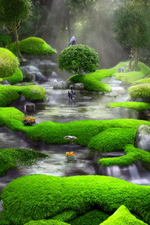 Image similar to hyper realistic render of a heavenly garden of peace, eden filled with trees, stone slab, colourful flowers, moss, ferns, a girl meditating at a distance, small stream or puddles, birds, trending on artstation, volumetric lighting, hyper realistic, hyper detailed, high quality render, blender guru,