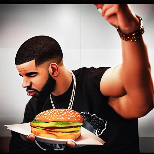 Prompt: rapper drake eating fast food photo taken by a fan, photorealistic, dynamic light, iphone 1 3, studio, ultra detailed