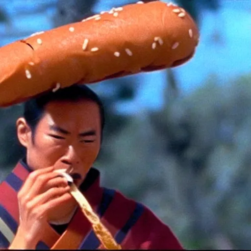 Image similar to a samurai eating a delicious hot dog, scene from Kagemusha, 1980, movie still, cinematic,