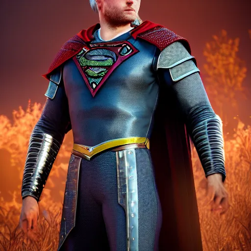 Prompt: Adam Sanders as medieval Superman, Witcher 3 style, unreal engine, cinematic, game, screen capture, hyper realistic, details, ray tracting, rtx, 4k