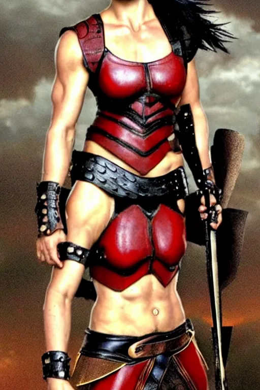 Prompt: realistic photograph. female warrior, 2 7 years old. jaimie alexander. her hair is short, straight, raven - black. fair - complected but tan. tall and gracile, except for her thick ripped vascular buff muscular arms and her ample bust. she wears sleeveless modest practical red & black leather armor with golden highlights that leaves only her muscular arms exposed.
