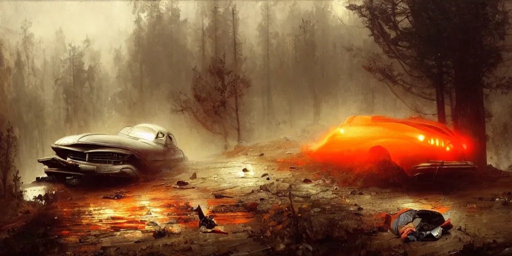 Image similar to a crashed car on a mountain road in 1 9 4 0 with red light on, sunny day, a men stand up next to the car, mystical orange fog, oil on canvas, art by andreas achenbach, clemens ascher, tom bagshaw and sabbas apterus,