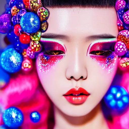 Image similar to japanese model with maximalist hair style and makeup, bright colors, fashion model, portrait shot, glitter, depth of field, 8 k, hyper detailed, intricate, trending on artstation