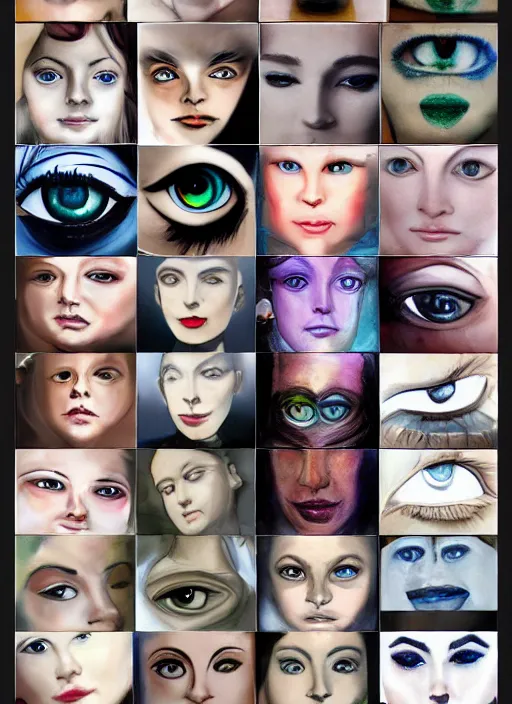 Prompt: diverse eyes!, life, hybrids, thin details, reflections, vitals visualiser!!, advanced art, art styles mix, from wikipedia, grid of styles