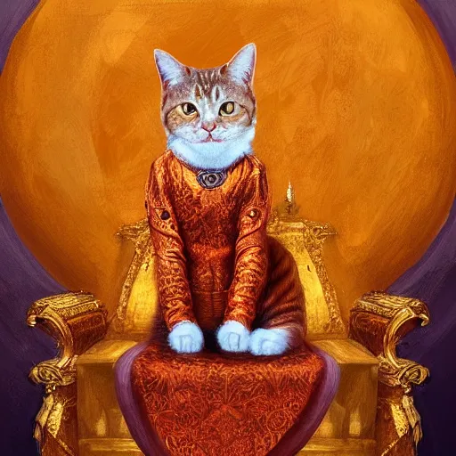 Image similar to portrait of orange marquess the cat, reneissance, sitting on throne, antropomorphic, fantasy digital art, art station