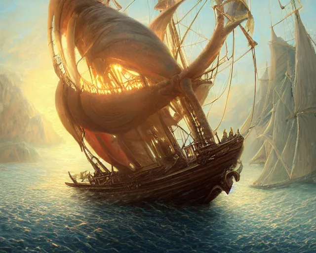 Prompt: a very detailed and beautiful portrait of a giant tentacle pulling a pirate ship underwater, artwork by artgerm, sail made of human skin, giant tentacle breaching the water, wide angle, full body, fantasy, highly detailed, digital painting, artstation, smooth, sharp focus, art by thomas kinkade and stephan martiniere and kevin swartz