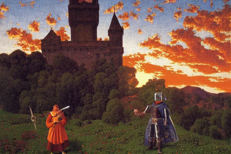 Image similar to painting of a medieval knight in front of a castle, sunset, clouds, chill, romantic, by ludwig deutsch and maxfield parrish, patterned tilework, extremely detailed, cinematic lighting, smooth sharp focus
