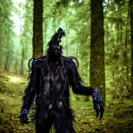 Image similar to werecreature consisting of a human and crow, photograph captured in a forest