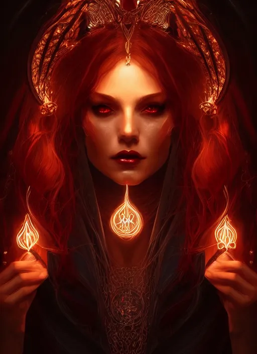 Prompt: portrait of a satanic witch, intricate, elegant, glowing lights, highly detailed, digital painting, artstation, glamor pose, concept art, smooth, sharp focus, illustration, art by artgerm and greg rutkowski, artey freytag