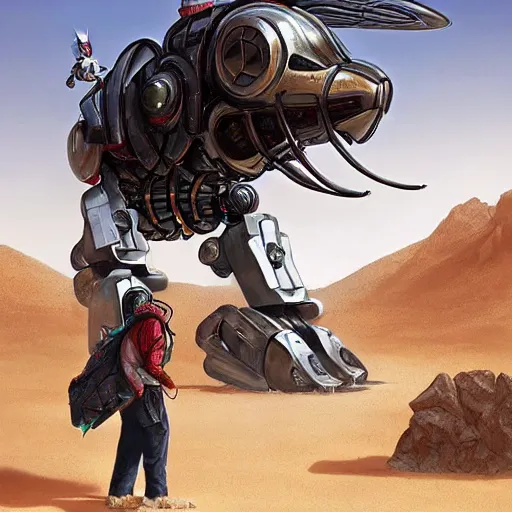 Prompt: giant horsefly robot monster attacking a silver school bus in the desert, ultra detailed, 8 k, greg rutkowski, artgerm, trending on artstation, award - winning art,