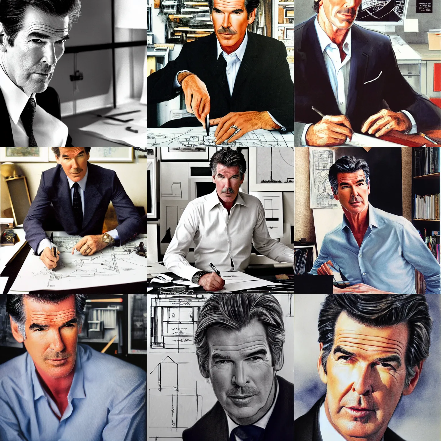 Prompt: detailed portrait of pierce brosnan at an architect's drafting table