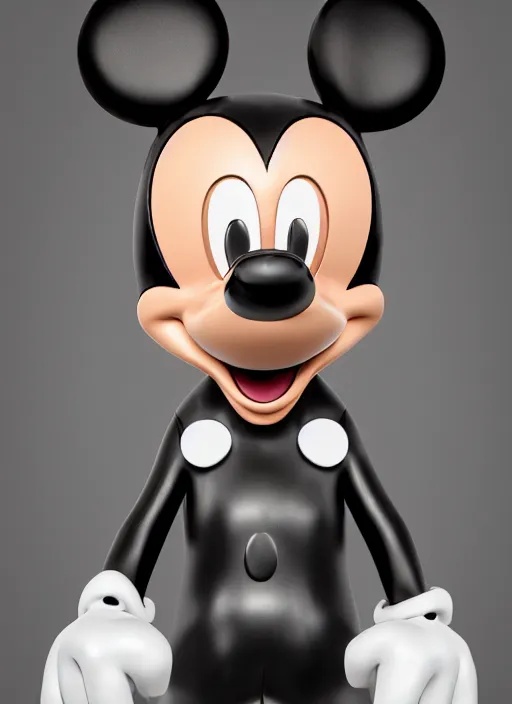 Image similar to stylized shiny latex rubber leather statue full body made of marble of disney character mickey mouse, perfect symmetrical body, perfect symmetrical face, hyper realistic, hyper detailed, by johannen voss, by michelangelo, octane render, blender, 8 k, displayed in pure white studio room