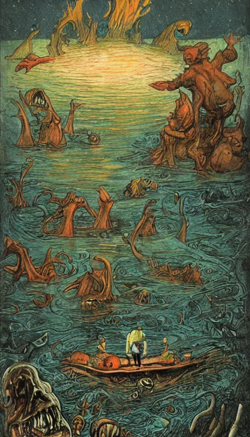 Image similar to man on boat crossing a body of water in hell with creatures in the water, sea of souls, by raymond briggs