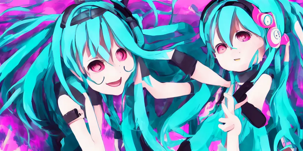 Image similar to hatsune miku preforming on stage , digital art, art station, trending on art station, anime, colorful art