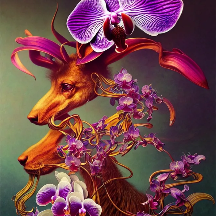 Prompt: psychedelic animal made of orchid, diffuse lighting, fantasy, intricate, elegant, highly detailed, lifelike, photorealistic, digital painting, artstation, illustration, concept art, smooth, sharp focus, art by John Collier and Albert Aublet and Krenz Cushart and Artem Demura and Alphonse Mucha