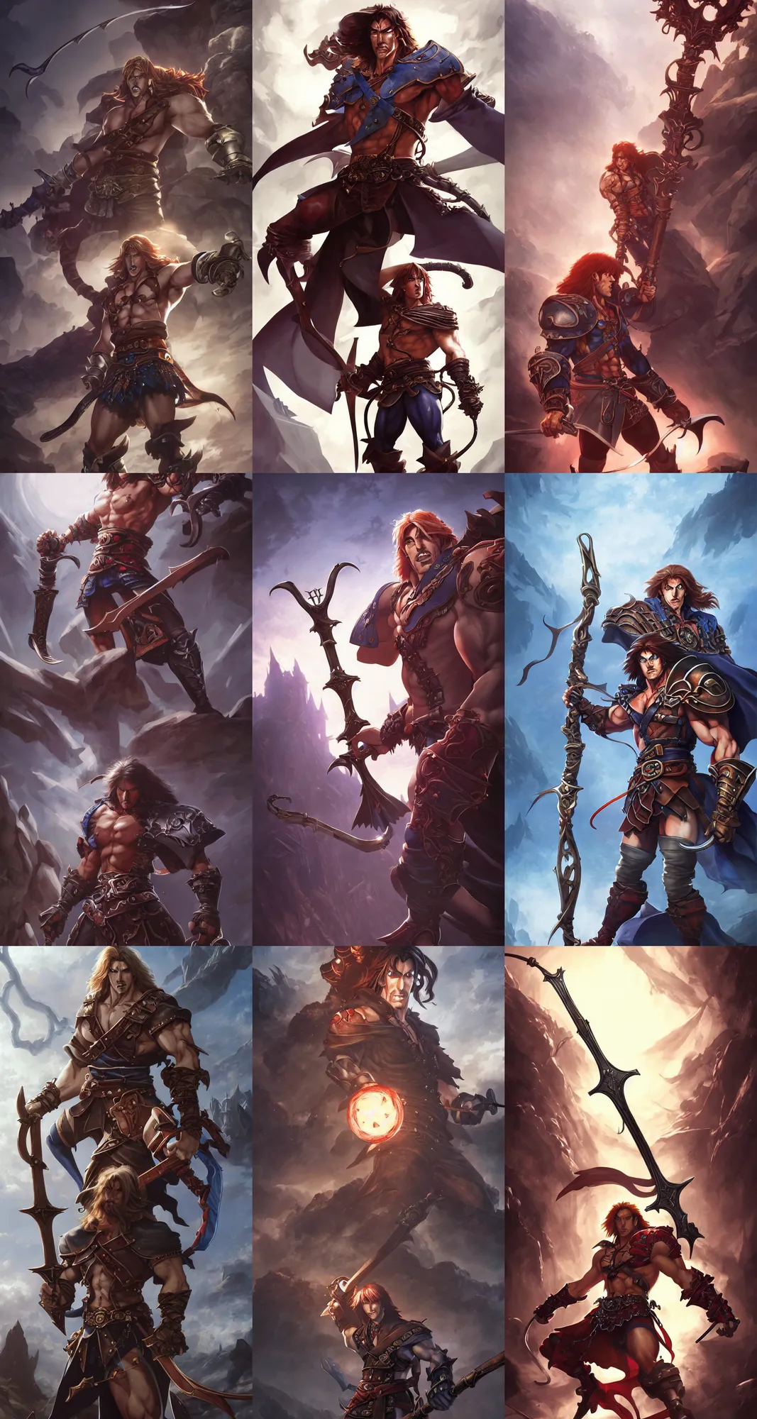 Prompt: simon belmont standing alone holding his whip, castlevania, by stanley artgerm lau, wlop, rossdraws, james jean, andrei riabovitchev, marc simonetti, and sakimi chan, trending on artstation