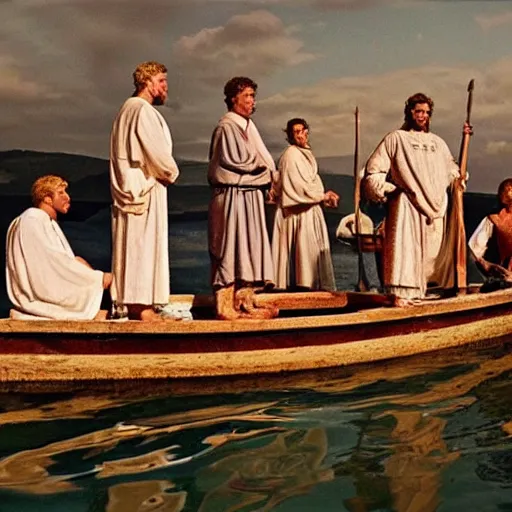 Image similar to Cinematic still of Stunned Men in 1st century clothing standing on a boat, looking in shock at the calm water, miraculous, spiritual, divine, Biblical epic directed by Ang Lee