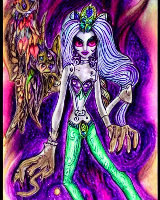 Image similar to josephine wall watercolor pencil drawing of a monster high universe clawdeen wolf fullmoon