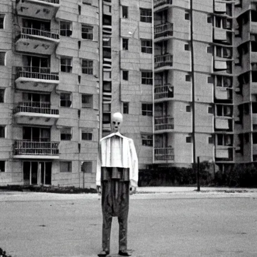 Prompt: an alien standing in front of a soviet apartment complex, eikon, 1 9 7 0, фотография