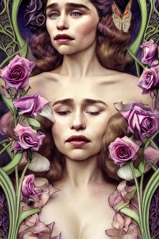 Image similar to new art nouveau closeup portrait of fantasy flower vargas princess seductive emilia clarke wearing a royal dress in an magic forest, anna dittmann, smooth skin, patrick nagle!!!, glamorous pose, charlie bowater and loish. long windblown blonde hair, ultrasharp focus, dramatic lighting, rose arches, octane, matte painting, intricate, d & d, poster