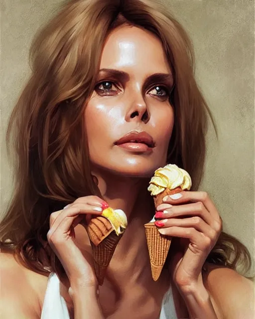 Image similar to Portrait of Barbara Bach from the bond film eating ice creams in Porto,real life skin, intricate, elegant, highly detailed, artstation, concept art, smooth, sharp focus, art by artgerm and greg rutkowski and alphonse mucha
