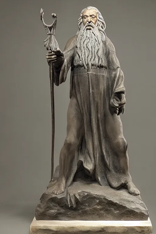 Prompt: Une statue monumentale en plein-pied de Gandalf, bronze poli, fonte à la cire perdue, Collection du Musée du Louvre