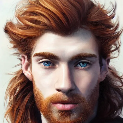 Image similar to 2 4 - year - old man, masculine face, square jaw, ginger hair, dark blue eyes, hyper realistic face, beautiful eyes, highly detailed, digital painting, smooth, sharp, beautiful face, expressive eyes, long fluffy wavy ginger hair, art by greg rutkowski and alex gray