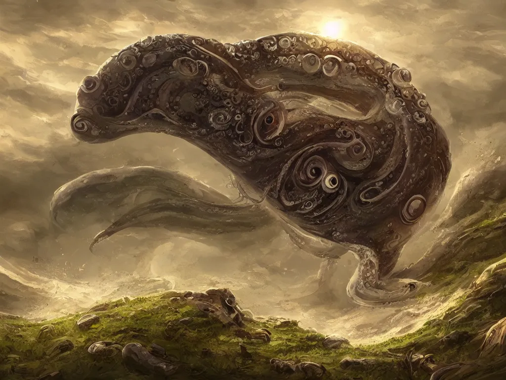 Image similar to a huge cephalopod rolling down the hill, digital painting, trending on artstation, deviantart, 8k, epic composition, intrinsic details, perfect coherence