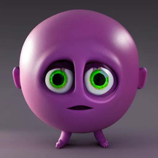 Image similar to photo of a comically tiny clay model of character with large spherical purple head and large childlike eyes with comically tiny body and spindly limbs leans close to the camera, fish eye lens, 4 k, hyper realistic, hyper detailed face, octane render, comedic, cute