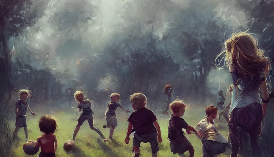 Prompt: fantasy painting of backyard football field with playing children, wide shot, digital painting, intricate details, trending on artstation, art by charlie bowater