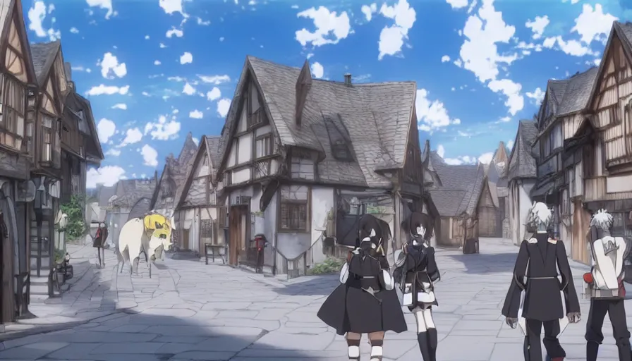 Image similar to Camera focusing on Ais-Wallenstein • walking through the middle of an isekai town street • cinematic anime screenshot by the Studio JC STAFF