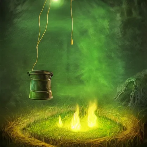 Image similar to a black cauldron filled with a magical green glowing liquid hanging in the air, campfire below the cauldron, night, fantasy, digital art, mysterious, realistic