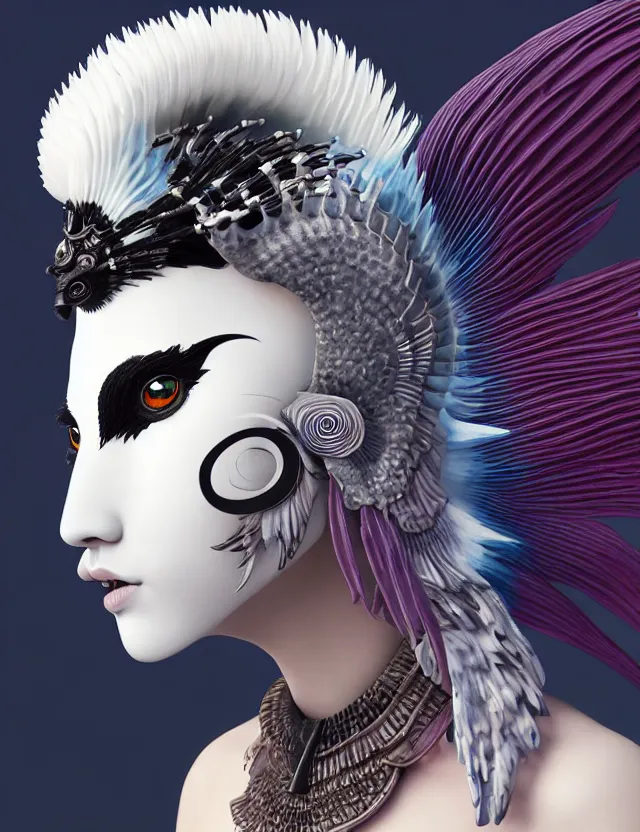 Image similar to 3 d goddess close - up profile simple portrait punk with mohawk with ram skull. beautiful intricately detailed japanese crow kitsune mask and clasical japanese kimono. betta fish, jellyfish phoenix, bio luminescent, plasma, ice, water, wind, creature, artwork by tooth wu and wlop and beeple and greg rutkowski