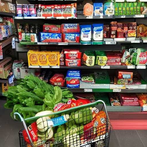 Prompt: photo of way too many groceries