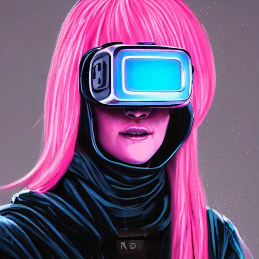 Image similar to Portrait of a woman by Greg Rutkowski, symmetrical face, a girl withj neon pink bob hair using a VR Headset, Kubric Stare, crooked smile, she's wearing an oversized hoodie, highly detailed portrait, scifi, digital painting, artstation, book cover, cyberpunk, concept art, smooth, sharp foccus ilustration, Artstation HQ