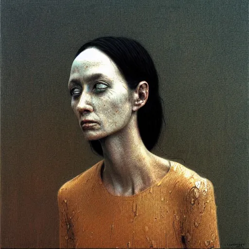 Prompt: portrait of 41 years old girl, painting by Beksinski