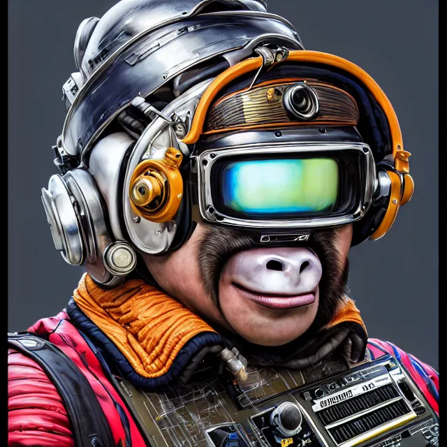 Image similar to a portrait of an anthropomorphic cyberpunk baboon in a racing helmet by sandra chevrier, detailed render, tape deck, boombox, headphones, epic composition, cybernetics, 4 k realistic, cryengine, realistic shaded lighting, sharp focus, masterpiece, by matteo scalera, gary montalbano, peter elson in the style of the tokyo ghost comic