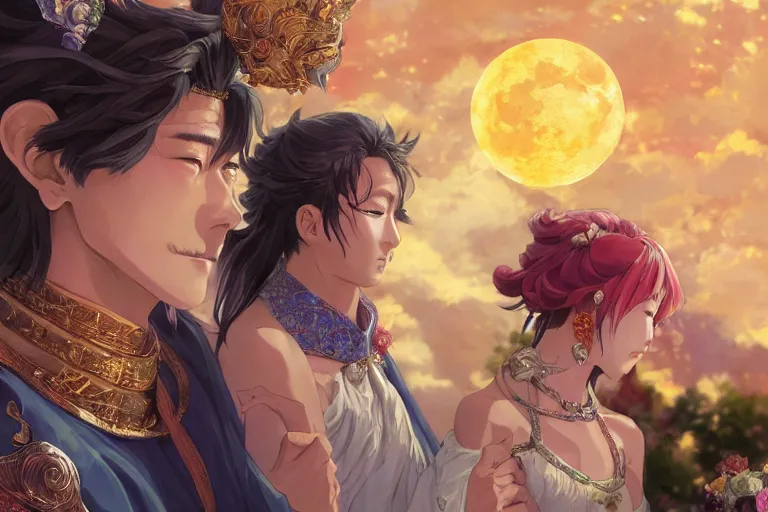 Image similar to close up moment of a divine a japan sun god and a moon goddess lovers magician at a wedding banquet, highly detailed, d & d, fantasy, 4 k realistic, digital painting, trending on artstation, concept art, sharp focus, illustration, art by makoto shinkai and akihiko yoshida and daniel gerhartz