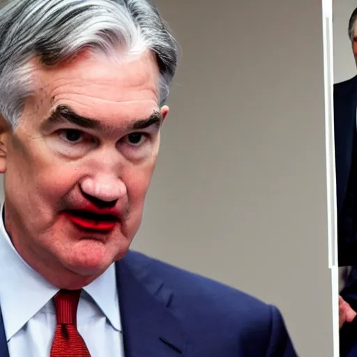 Image similar to detailed photo of Jerome Powell with whiteface clown makeup using a flamethrower