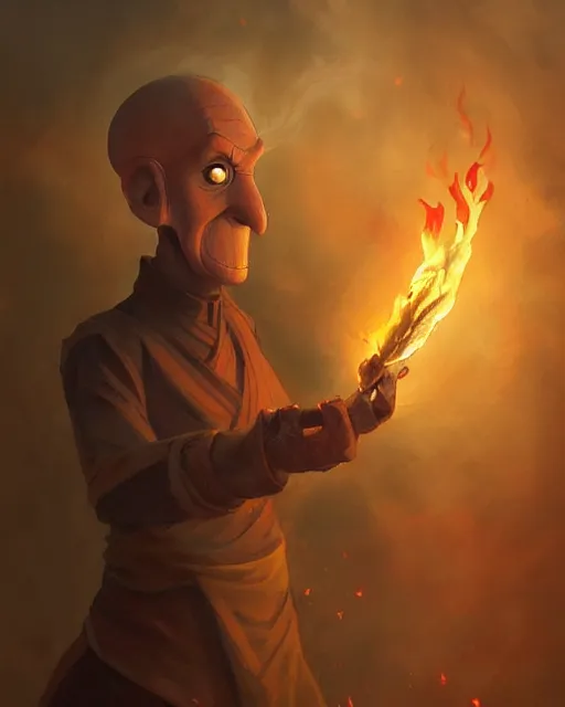 Prompt: detailed face, squidward, wearing fire nation clothing and practicing firebending outside at susnset, [ greg rutkowski ]