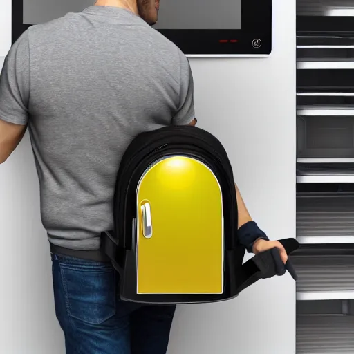 Prompt: man wearing a refridgerator back pack, product rendering, realistic,